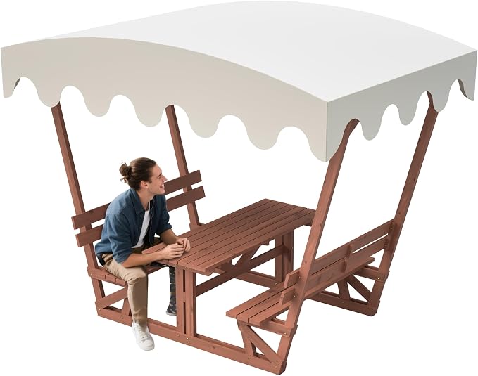 Outdoor Solid Wood Picnic Table with Bench Set & Removable Waterproof Canopy, All-Weather Commercial Camping Table for School, Patio Garden Deck Park Beach, Brown