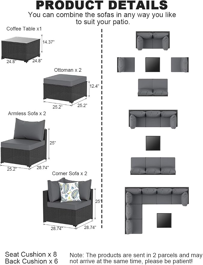 Patio Furniture Set, 7PCS Outdoor Sectional PE Rattan Patio Conversation Set w/Thickened Cushion Patio Sectional Modular Wicker Patio Sofa Set w/Coffee Table for Balcony, Backyard(Grey)
