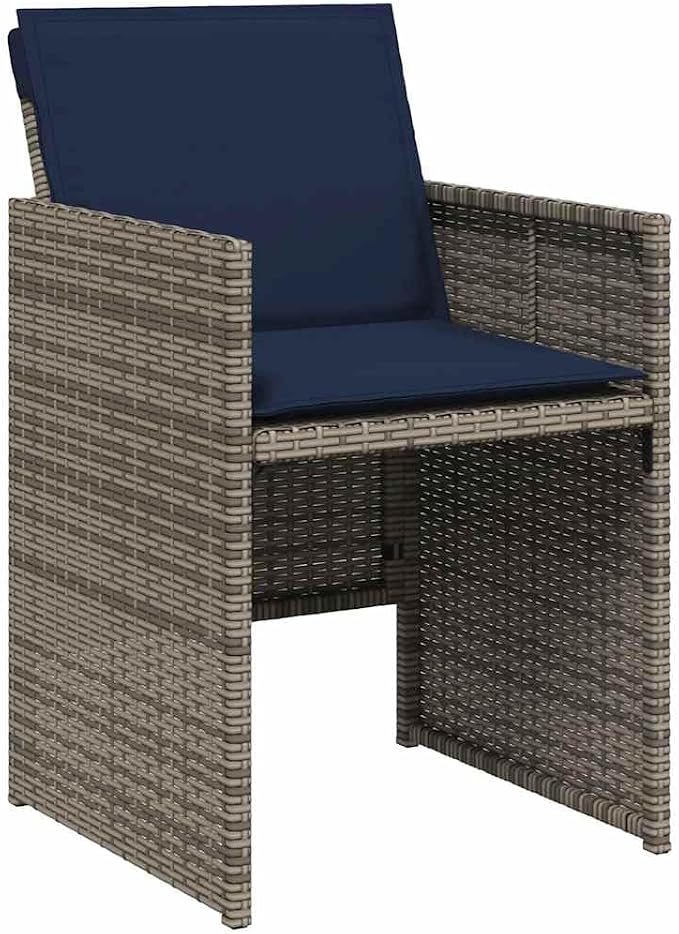 9 Piece Garden Dining Set with Cushions Grey Poly Rattan Outdoor Patio Furniture Table and 4 Chairs with Foldable Backrest Tempered Glass Top Navy Blue Cushions Space Saving Stackable