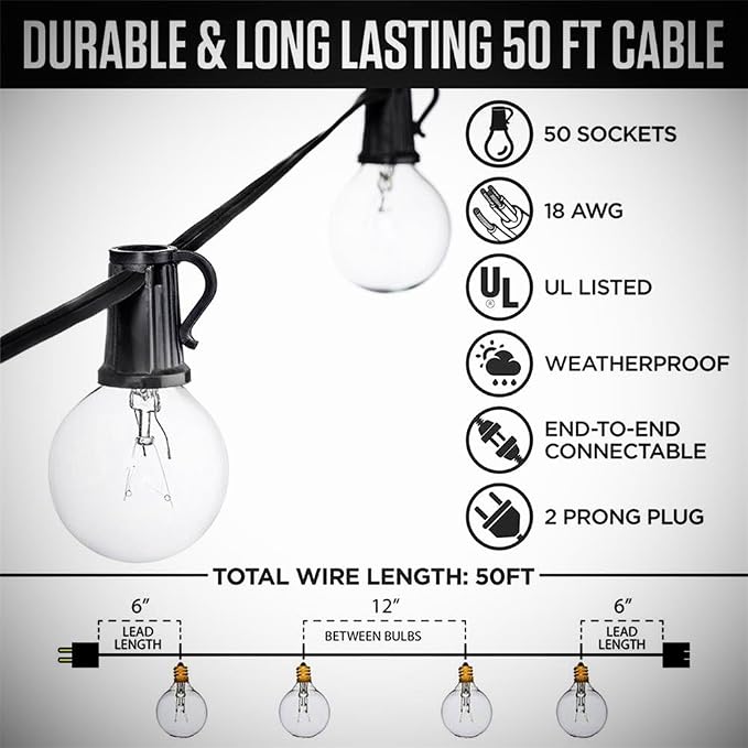 GOOTHY 50FT Outdoor Globe String Lights, G40 Patio Lights Outdoor Waterproof with 53 Clear Bulbs, Hanging Indoor Porch String Lights for Garden Bistro Party Outdoor Balcony Decorations- Black Cord