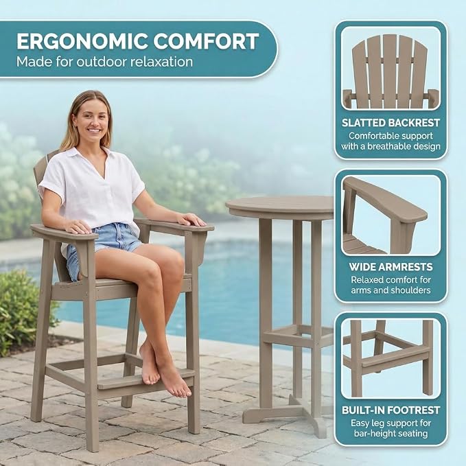 3-Piece HDPE Bar Height Table and Chairs Set, 31.1" Square High Top Pub Table with Umbrella Hole, 2 Adirondack Charis with Cup Holders, Outdoor Patio Dining Set for Bistro Backyard Deck Natural