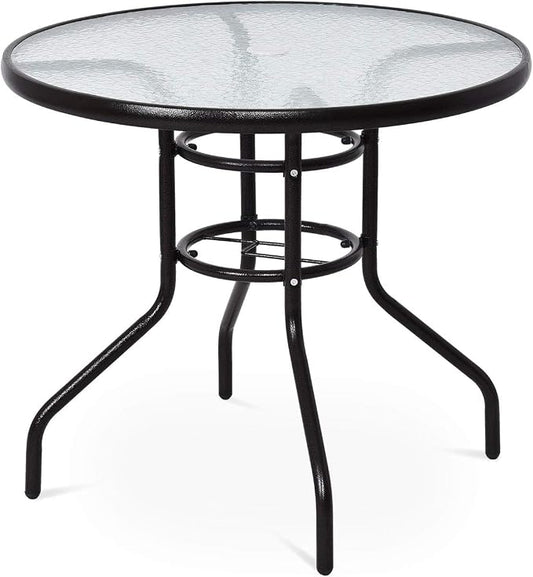 Tangkula 32-Inch Round Patio Dining Table with Tempered Glass Top, Metal Frame Outdoor Bistro Table with Umbrella Hole, Outside Table for Garden Poolside Balcony Yard