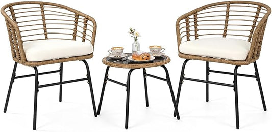 Tangkula 3 Pieces Patio Furniture Set, PE Rattan Bistro Chairs with Tempered Glass Coffee Table and Soft Cushions, Outdoor Wicker Conversation Set for Porch, Balcony, Garden and Poolside (Off White)