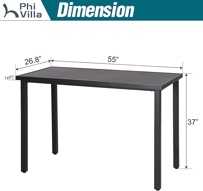 PHI VILLA Outdoor Tall Bar Table, 55”x27” Counter Height Dining Table with Wood-Like Metal Frame & Adjustable Feet, Black High Top Pub Cafe Table for Patio, Yard