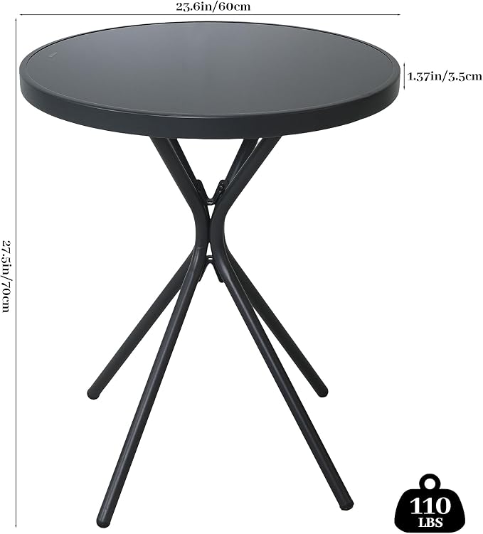 Outdoor Round Coffee Side Table,Tempered Glass Tabletop,All-Weather Bistro Table,Suitable for Terraces, Gardens, Bedrooms and Courtyards.