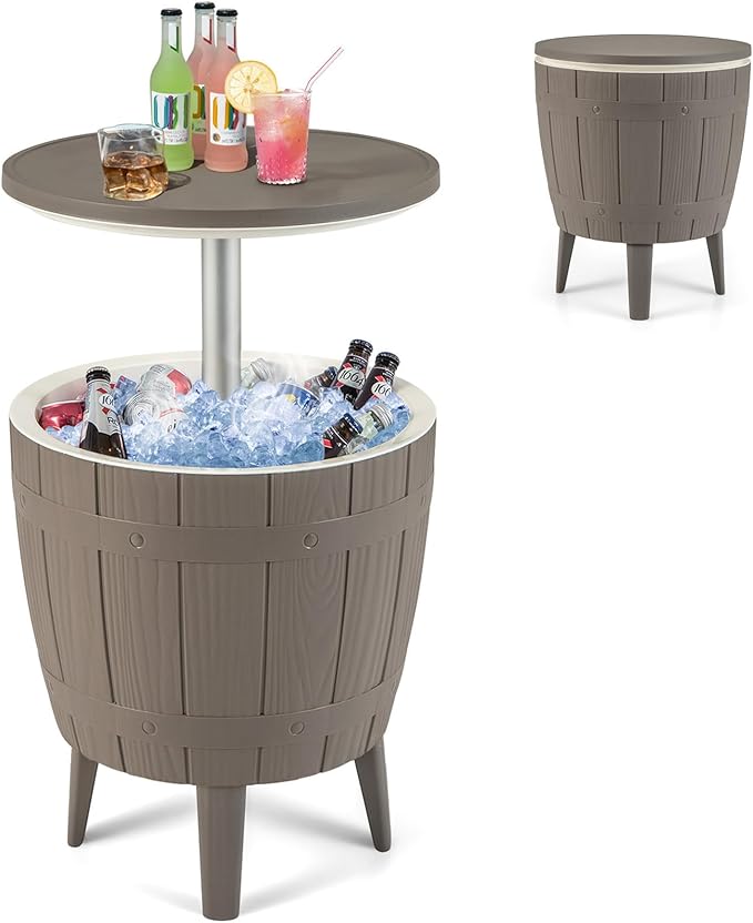 Giantex Cooler Side Table Outdoor, 10 Gallon Ice Cooler with Drainage Plug, Adjustable Height, 3-in-1 Cocktail Patio Par Table for Beer Wine Storage, Deck Pool Backyard Party, Taupe (Wood-Style)