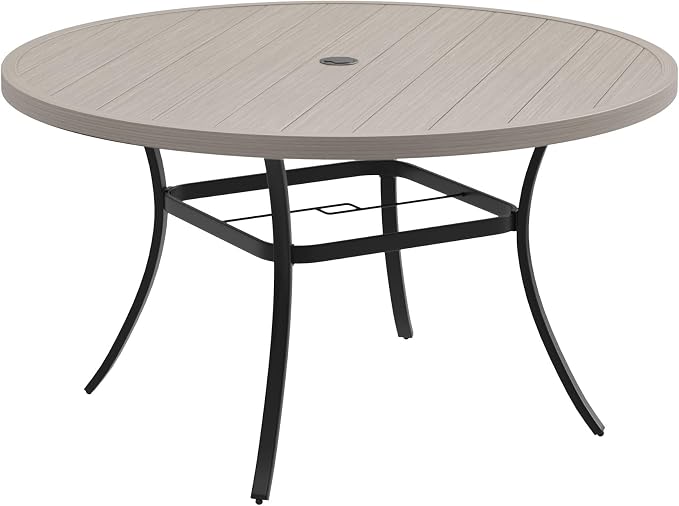 DIFY 50" Round Outdoor Patio Dining Table for 6, All-Weather Metal Patio Table with 1.57" Adjustable Umbrella Hole, Outdoor Furniture Table for Garden Backyard Deck, Grey Wood-Like