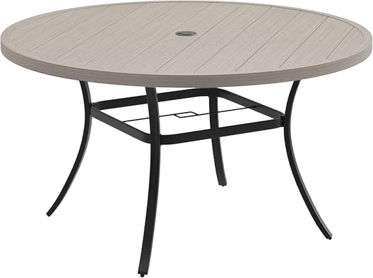 DIFY 50" Round Outdoor Patio Dining Table for 6, All-Weather Metal Patio Table with 1.57" Adjustable Umbrella Hole, Outdoor Furniture Table for Garden Backyard Deck, Grey Wood-Like