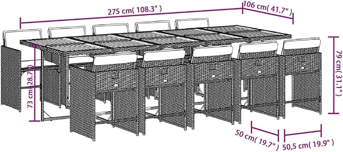 11 Piece Outdoor Dining Set, Poly Rattan Patio Table and 10 Folding Chairs with Cushions for Garden Backyard Deck Dining