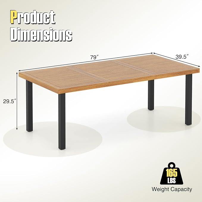 HAPPYGRILL Patio Dining Table for 8, 79" Large Rectangle Table with Acacia Wood Tabletop & Metal Legs, Outdoor Dining Table with 2" Umbrella Hole for Backyard, Lawn & Garden