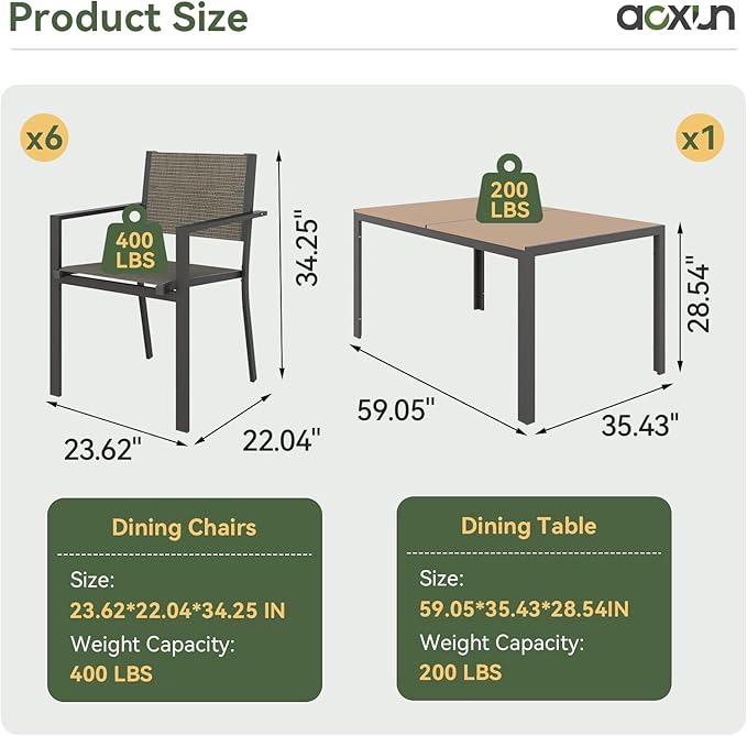 Aoxun 8-Piece Patio Table and Chairs Set & 15ft Patio Umbrella for 6, All Weather Outdoor Dining Set with 6 Textilene Chairs and 1 Rectangular Metal Table for Backyard, Garden, Brown/Beige