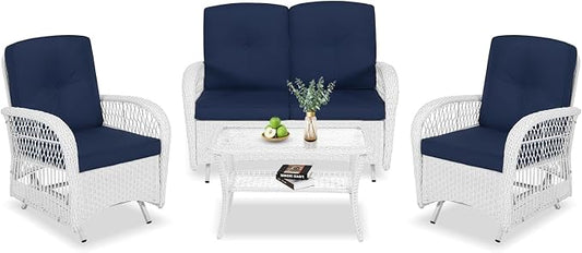 VIVIJASON 4-Piece Outdoor Patio White Wicker Conversation Sets, All Weather Rattan Furniture Set Includes Glider Loveseat, Coffee Table, 2 Glider Rocker Chairs w/Cushion for Lawn Balcony, Navy Blue