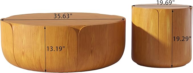 Round Outdoor Indoor Coffee Table Set, 2PC, 35.63" Modern Wood Grain Drum Center Table Set, Sturdy MGO Waterproof, No-Assembly, for Patio, Garden, Backyard, Living Room