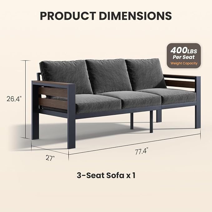 SUNYRISY Aluminum Outdoor Patio Furniture Sofa, All-Weather Outdoor Patio Sofa Couch with Thick Olefin Cushion for Porch, Deck, Backyard, Lawn, Pool