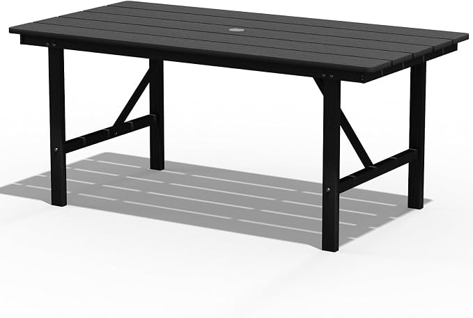 PLUUV 66" Outdoor Dining Table, All-Weather HDPE Rectangular Patio Table with 2” Umbrella Hole, Weatherproof, Black