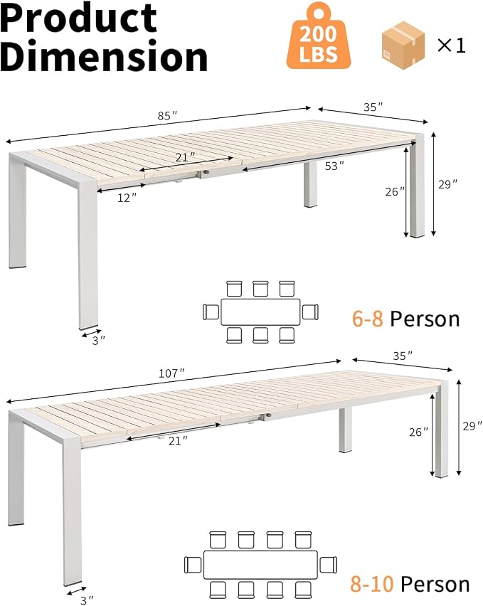 Extendable Outdoor Dining Table for 6-10 Person, 85"-107" Oversized Rectangular Patio Dining Table, Never-Rust Aluminum Expandable Dining Table with Wood Grain Tabletop for Deck, Garden, Porch