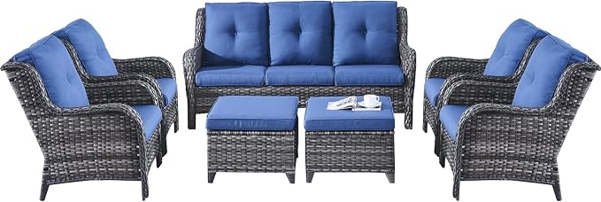 Rilyson Wicker Patio Furniture Set - 7 Piece Rattan Outdoor Sectional Conversation Sets with 1 Sofa,4 Armrest Chairs and 2 Ottomans for Porch Deck Garden(Mixed Grey/Blue)