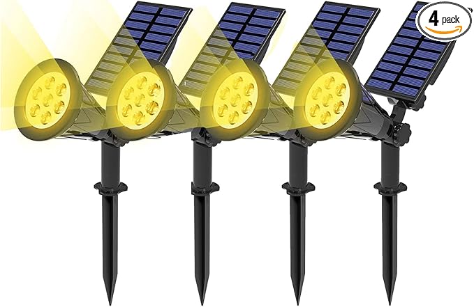 T-SUN Solar Spot Lights Outdoor Waterproof, Warm White, 4 Pack | 7 LEDs, 2 Lighting Modes, IP65 Waterproof Dusk to Dawn Solar Lights for Tree, Patio, Yard, Garden, Driveway, Pool Area