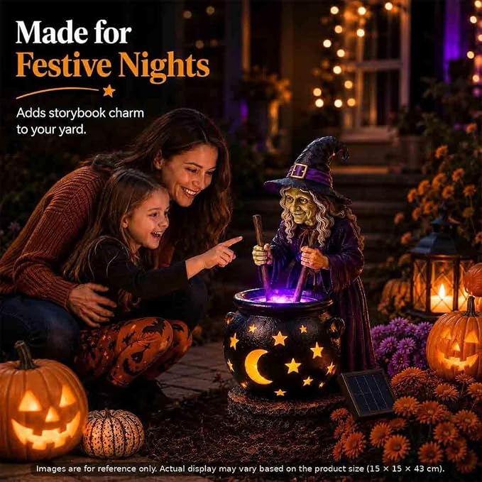 Solar Witch & Glowing Cauldron Halloween Garden Light ，3pc | Solar-powered Halloween Solar Light with glowing cauldron, automatic dusk lighting for garden, porch and pathway décor.