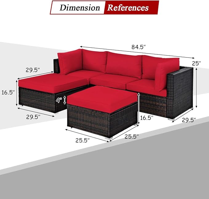 COSTWAY 5-Piece Outdoor Patio Furniture Set, PE Rattan Sectional Conversation Set with Cushions and 2 Ottomans for Garden, Deck, Backyard (Red)