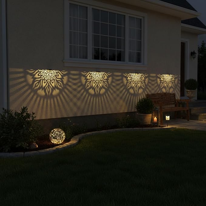4 Pack Solar Fence Lights Outdoor Wall Lights Plastic Solar Powered Deck Step Stair Lights Mandala Theme Waterproof Fence Solar Light for Garden Post Patio Yard Decor, Gardening Gifts for Women Mom