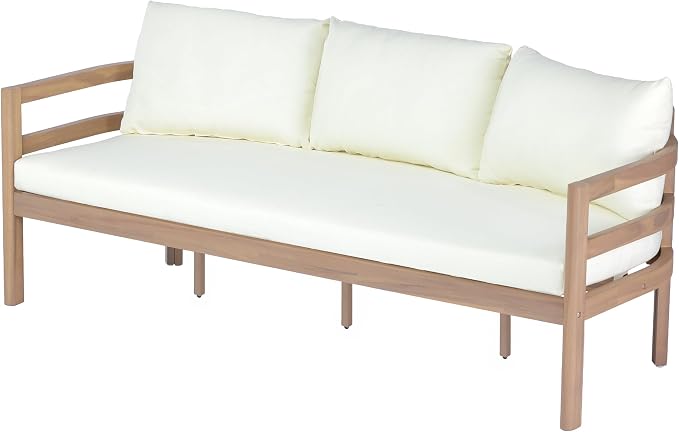 Christopher Knight Home Alger 5-Seater Patio Furniture Set with Removable Cushion, 4 Piece Outdoor Acacia Wood Conversation Set, Wooden Outdoor Sectional Sofa Set with Coffee Table, Light Teak+Beige