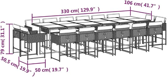 17 Piece Patio Dining Set with Cushions, Foldable PE Rattan Garden Table and 16 Chairs for Backyard and Outdoor Space, Grey