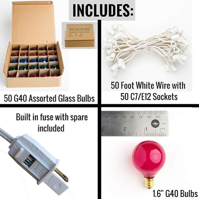 G40 Assorted Satin Pearl Colored String Lights (50 Foot – White Wire) | G40 Assorted 1.6" Bulbs, Outdoor Globe Patio String Lights