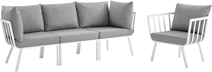 Modway Riverside 4 Piece Outdoor Patio Aluminum Set, 114 x 61.5 x 28, White Gray