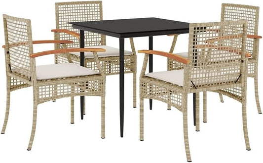 5-Piece Patio Dining Set, Beige PE Rattan Outdoor Dining Furniture with 4 Cushioned Chairs and Square Table, Modern Wicker Bistro Set for Garden, Terrace, and Balcony