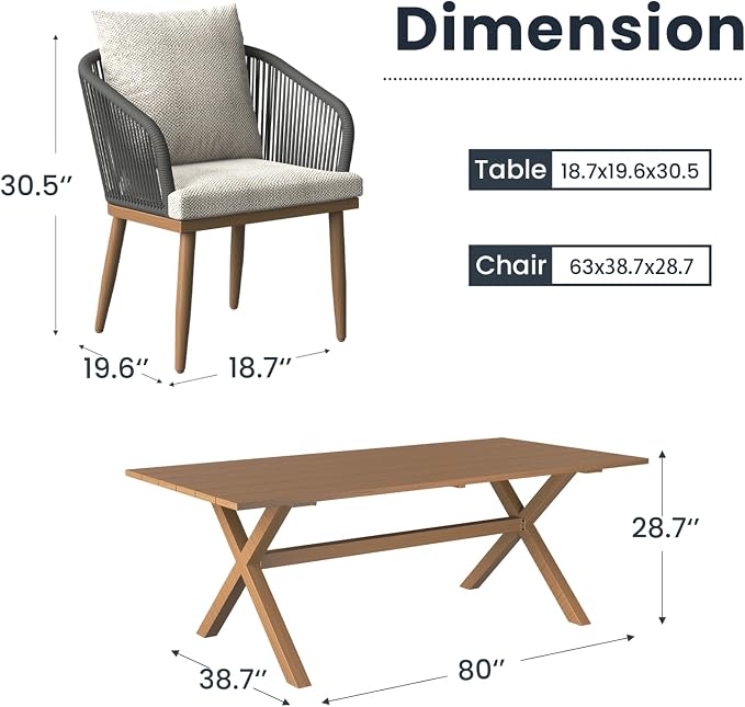 7-Piece Patio Dining Table Sets, Woven Wicker Dining Set with Rectangular Aluminum Table and Dining Chairs Modern Outdoor Dining Furniture Set for Outdoors and Indoors