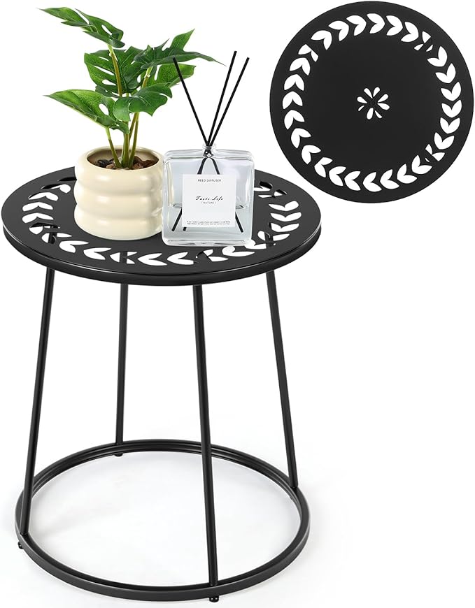 Vercraft Small Outdoor Side Table, 14" Patio Side Tables with Flower Cut Outs Weather Resistant Metal Outdoor End Table for Patio Outside Porch Balconies Garden(Black,Traditional)