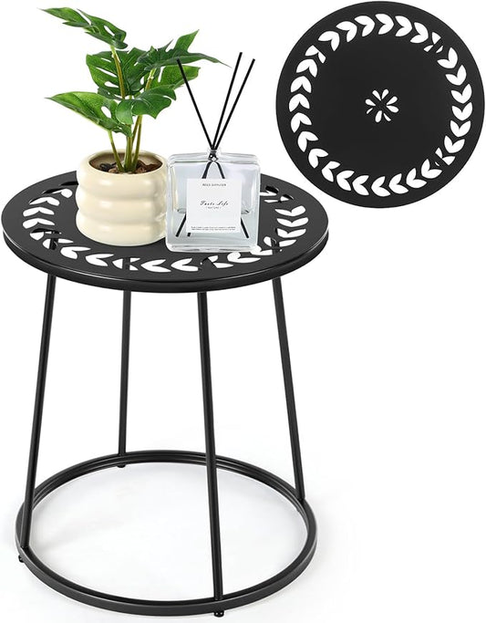 Vercraft Small Outdoor Side Table, 14" Patio Side Tables with Flower Cut Outs Weather Resistant Metal Outdoor End Table for Patio Outside Porch Balconies Garden(Black,Traditional)
