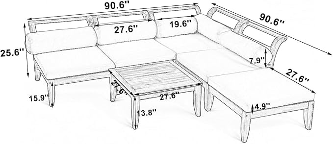 JIVOIT 6 Piece Acacia Wood Patio Sofa Set, Outdoor Modular Sectional Garden Furniture Set with Tea Table, Ottoman, 5 Cushions and Pillows, L-Shaped Conversation Daybed for Patios, Poolsides, Gardens