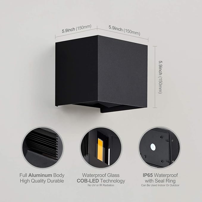 Aluminum 40W 3000K Cube Square Indoor Outdoor IP65 Waterproof Wall Lights Black Modern Wall Sconce LED Lighting Fixture Black 40W Larger Outside for Patio House