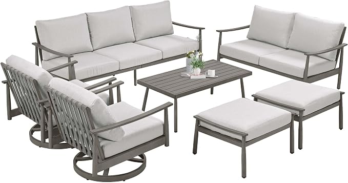 HAPPATIO Patio Outdoor Furniture Set - 7 Pieces Aluminum Outdoor Conversation Set Includes 1 Three-Seater Sofa, 1 Loveseat, 1 Coffee Table, 2 Swivel Chairs and 2 Ottomans for Porch, Lawn (Grey)