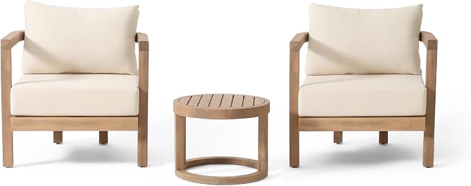 Christopher Knight Home Orion 3 Pieces Acacia Furniture Set, Patio Chair Chat Set with Coffee Table, Outdoor Acacia Wood Conversation Set for Garden Porch Backyard Balcony, Brown Wash+Beige