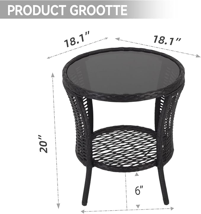 Kinfant Round Outdoor Wicker Side Table - with Tempered Glass Top, Patio End Table with Unique Shape, Storage Shelf for Balcony, Porch, Deck, Garden, Weather-Resistant Rattan, Easy Assembly