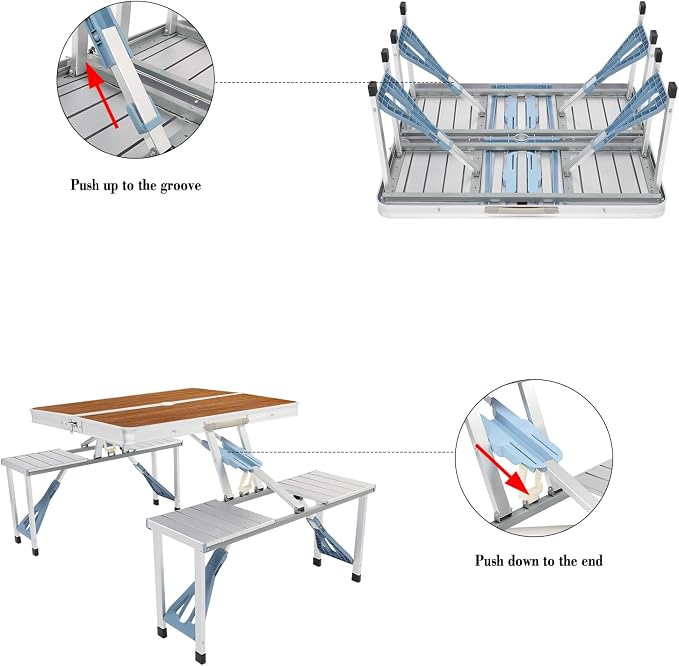 Picnic Table,Folding Picnic Table with Umbrella Hole, Aluminum Suitcase Portable Outdoor Table with Bench, Patio, Porch or Camping Table and Chair Set (Wood Color, Aluminum Alloy)