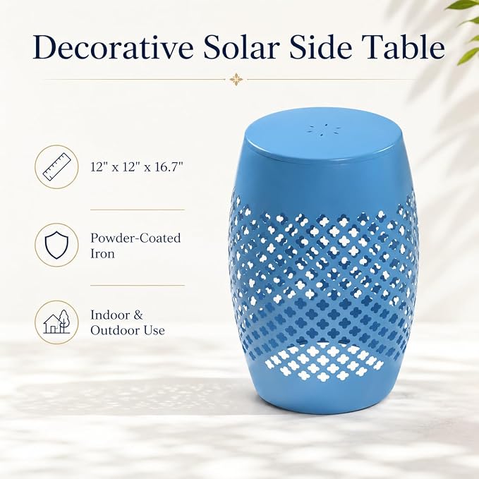 12" Outdoor Side Table, Decorative Cutout Metal Round Side Table, Multi Functional - Coffee Table, Night Stand, Plant Stand for Patio, Garden, Backyard, Gazebo Indoor (Blue)