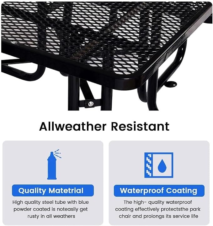 46" Square Commercial Picnic Table for 4-8 Person, Heavy Duty Metal Outdoor Picnic Table with Umbrella Hole for Coffee Shop, School, Hospital, Easy to Install, Black