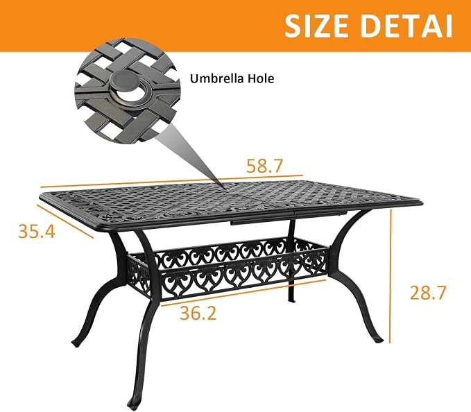 59" Cast Aluminum Outdoor Dining Table,Dining Conversation Side Table, Patio Bistro Table with 2.56" Umbrella Hole for Backyard, Garden, Patio, Porch