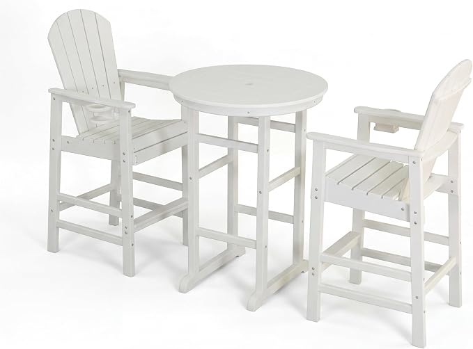 3-Piece White Counter Height Bar Dining Set with 1.96-inch Center Hole, 42.1" HDPE Indoor/Outdoor Round Bar Table with 2 Bar Stools, All-Weather Patio Bistro Set for Deck, Balcony, Poolside & Coastal