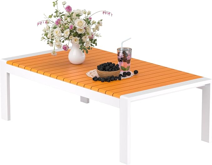 Aluminum Outdoor Patio Coffee Table for for Deck, and Poolside (White, Dark Teak)