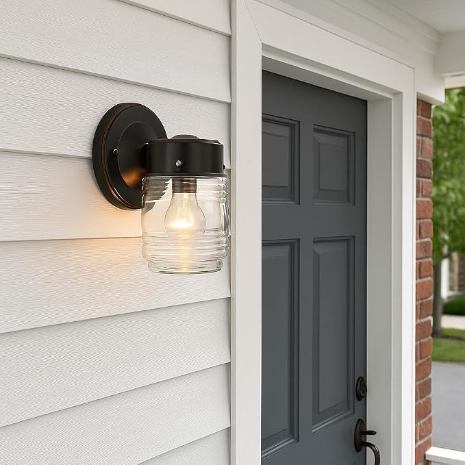 Design House 505198 Jelly Jar Classic 1-Light Indoor/Outdoor Wall Light with Clear Ribbed Glass for Entryway Porch Patio, Oil Rubbed Bronze | Wall Mount, Traditional, Steel, Lighting, 505198