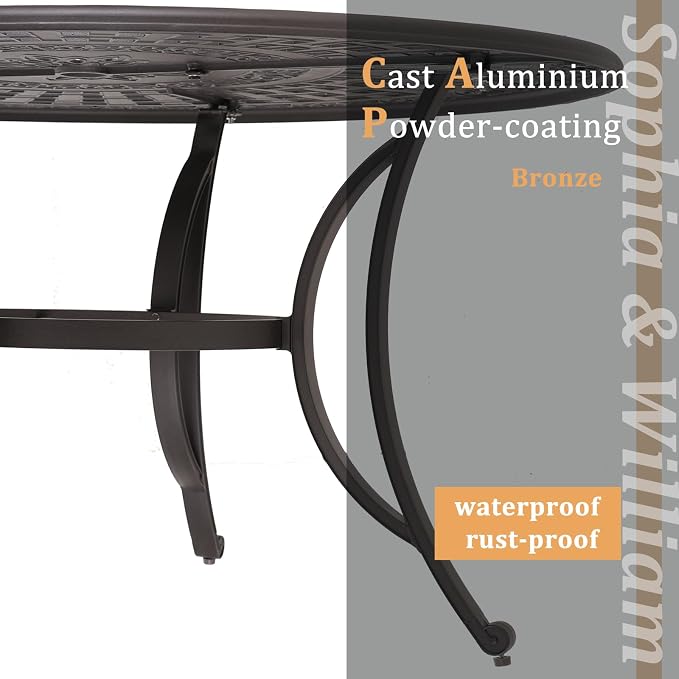 Sophia and William Patio Dining Set, for 6, Swivel Chairs | Cast Aluminum, Round Table, 2.2" Umbrella Hole