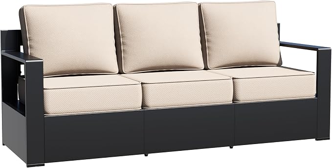 Aluminum Patio Sofa - 3-Seater Outdoor Couch with 6" Thick Removable Cushions, All-Weather Metal Frame, Deep Setting for Garden, Poolside and Porch