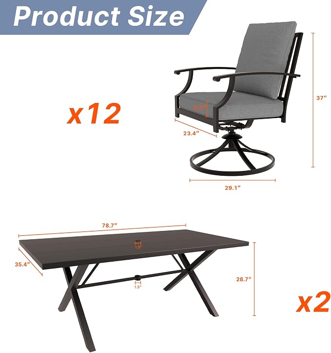 Gotland 14 Piece Outdoor Dining Set, Metal Outdoor Table and Swivel Chairs with X-Shaped Legs 1.5" Umbrella Hole, Patio Furniture Set with Waterproof Cushions, Patio Dining Sets for Deck Gray