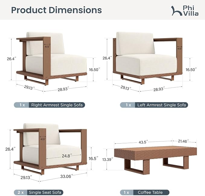 PHI VILLA HDPE Patio Furniture Set, 4 Pieces Sectional Outdoor Conversation Sets with 9.8" Thick Cushions, L Shaped Large Modular Wicker Rattan Patio Sofa Couch for Garden, Backyard(Beige)