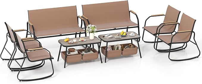 HAPPYGRILL Outdoor Conversation Set with Bistro Rocking Chairs, Loveseat, Storage Coffee Table, Patio Furniture Set with Heavy-Duty Metal Frame, Breathable Mesh Fabric (2)